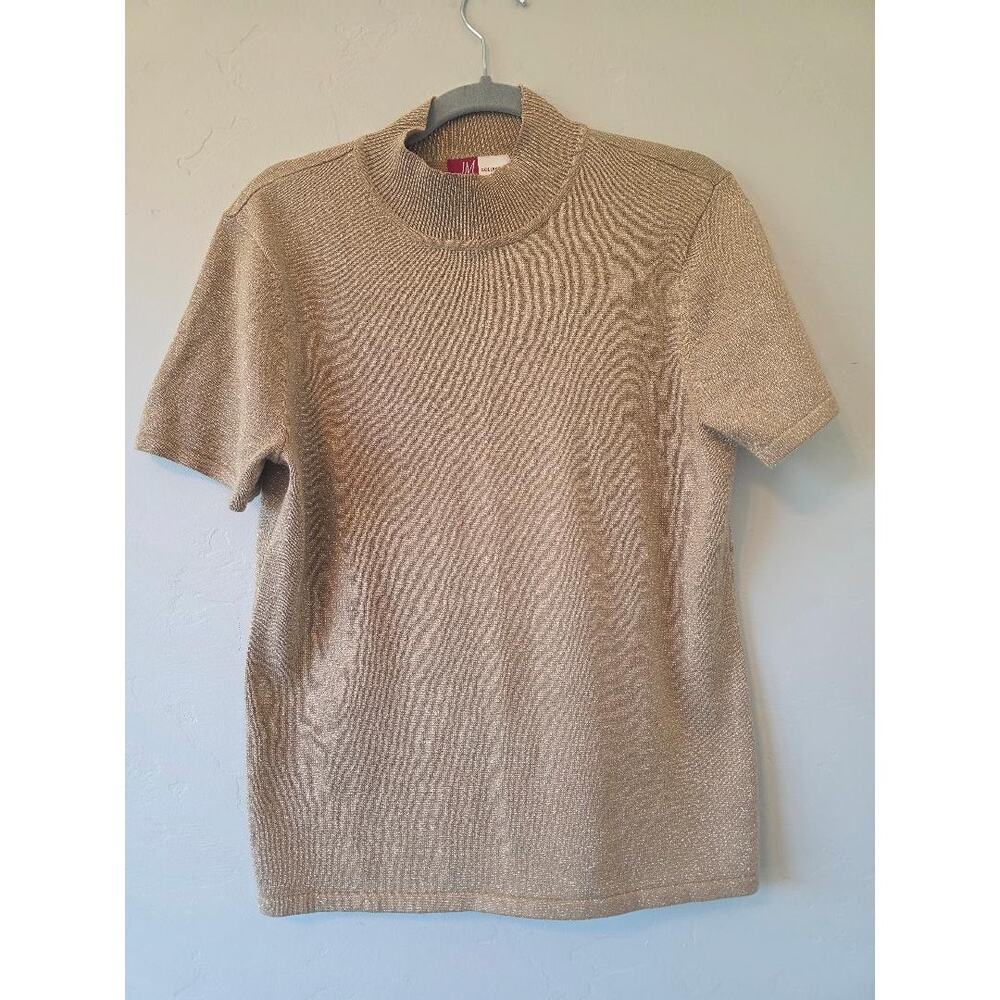 JM Collection Gold Metallic Mock Neck Short Sleeve Sweater M